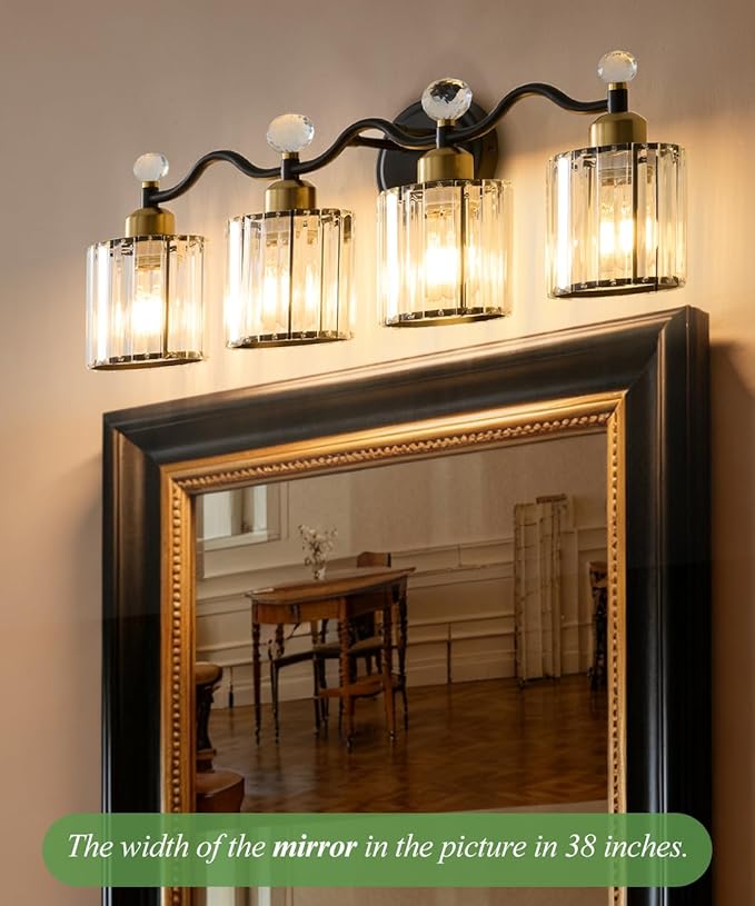 Modern Crystal Bathroom Vanity Light,Balck and Gold 4-Lights Bathroom Light Fixtures, Vanity Light Fixtures Over Mirror, Glass Wall Sconce Light for Bedroom, Kitchen, Living Room, Gallery, E26 Base