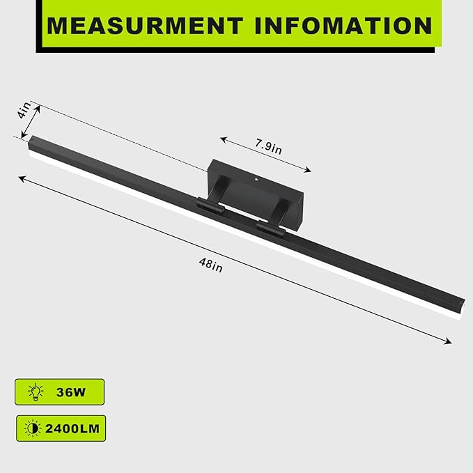 IZORRO Modern Bathroom Vanity Light 48 inch, Rotatable, 36W Dimmable Led Bathroom Light Fixture Over Mirror, Black Vanity Light Bar (Cool White 6000K)