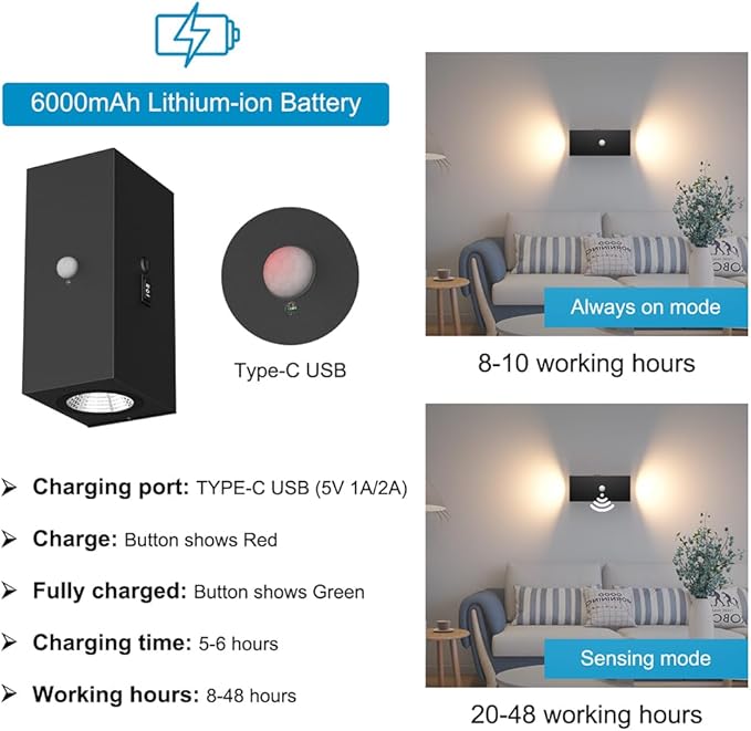 Aipsun Black Battery Operated Wall Sconces 2 Packs with Motion Sensor, Rechargeable Black LED Wall Lighting, Wireless Indoor Aluminum Wall Lights for Living Room, Hallway, Bedroom