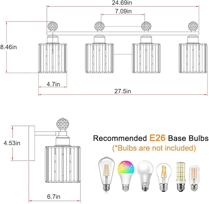 Lxybcce Bathroom Vanity Lights Over Mirror - Easy Installation with Clear Guide, 4-Light Shadow-Free Design, Black and Gold Crystal Finish - for Modern Home Bathroom Lighting Fixtures in DIY Projects