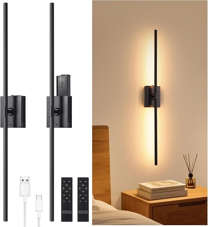 Shenmoyl Battery Operated Wall Sconce Set of 2, 10000mAh Rechargeable Wall Sconces with Detachable Battery, Indoor 350°Rotate Wall Lights for Bedroom Living Room, Black, 31.5 Inch