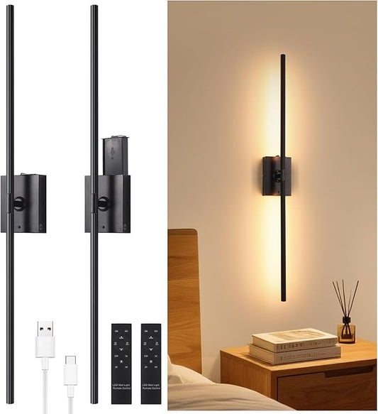 Shenmoyl Battery Operated Wall Sconce Set of 2, 10000mAh Rechargeable Wall Sconces with Detachable Battery, Indoor 350°Rotate Wall Lights for Bedroom Living Room, Black, 31.5 Inch