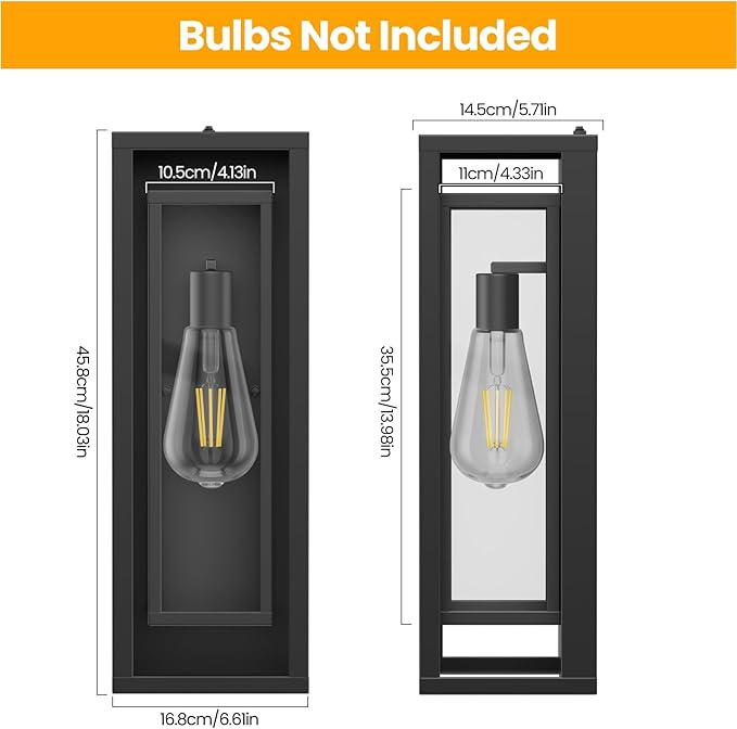 AIBISDO 18In Large Dusk to Dawn Outdoor Wall Light -2 Pack, Waterproof Outdoor Garage Lighting Fixtures with Clear Glass Shade, Auto On/Off Porch Light for Patio, Garage, Front Door（Black）