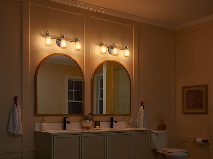 Kichler Stamos 3-Light Bathroom Vanity Light Fixture with Satin Etched Glass Shades, 22 in Modern Wall Mount Light in Brushed Nickel for over Mirror (22 in x 5 in x 8 in), 55121NI