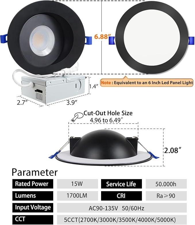 Adetu 5CCT Gimbal Black Led Recessed Lighting 6 inch, 360°+90° Adjustable Directional 6 inch Led Recessed Light, 2700K-5000K Dimmable Eyeball Canless Downlight with Jbox, ET (Black, 6 Pack)