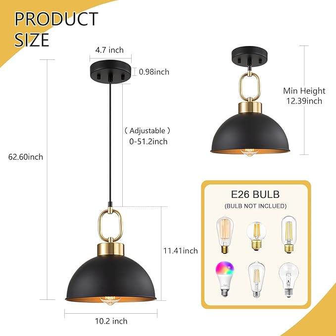 2 Pack Black Pendant Lights Kitchen Island, 10'' Farmhouse Industrial Pendant Light Fixtures, Adjustable Height Modern Dome Hanging Light for Kitchen Dining Room Entryway Bar