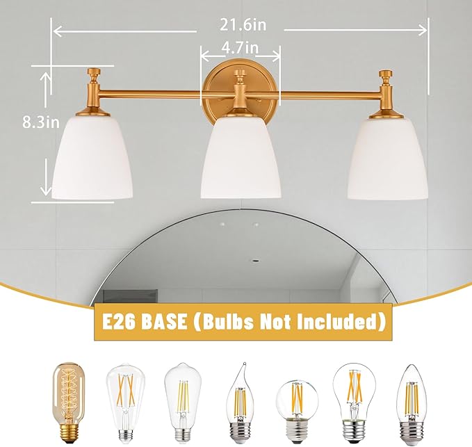 Vintage Bathroom Vanity Light Fixture, 3-Light Bathroom Lighting Fixtures Over Mirror, Antique Brass Finish with Frosted Milk Glass Shade, Wall Sconces Lighting for Bedroom, Living Room, Hallway, Sink