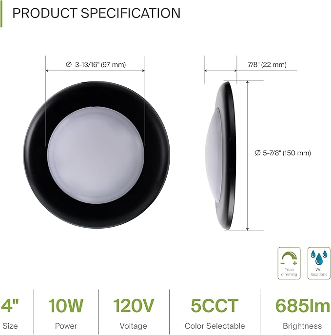 ASD 1 Pack LED Disk Lights 4 Inch, 10W 5CCT 2700K-5000K 685LM CRI90+, Dimmable Flush Mount Ceiling Light Fixture, Low Profile Surface Mount Disc Lights, Junction Box or Recessed Can Install, UL