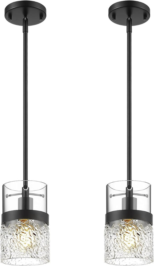 LMS 2-Pack Pendant Lights, 5 Inch Dia Industrial Linear Light Fixtures for Kitchen Island with Adjustable Rods, Medium Hanging Lamp with Hammered Glass, LMS-171PL-BKM-2PK