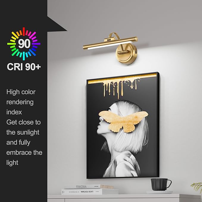 Rechargeable Picture Light for Wall, Dimmable Art Lights for Painting, Battery Operated Wall Sconce with Remote, 3 light Color,Timer & Brightness Setting for Artwork, Gallery(Brass, 12inch)