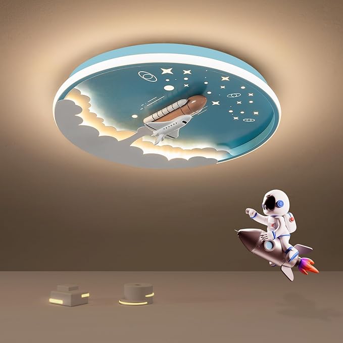 Kids Room Ceiling Lamp 20" Kitchen Ceiling Light with Remote Control 3000k-6000k Blue Cartoon Rocket Semi Flush Mount Ceiling Lights for Bedroom