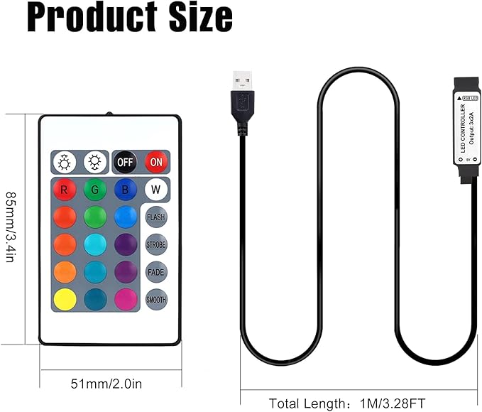 USB LED Light Controller, 5V RGB LED Strips Remote Replacement with 24 Key Infrared Remote for 4 Pin 5050 2835 RGB Strip, 2 Pack (IR Control Only, Not APP)