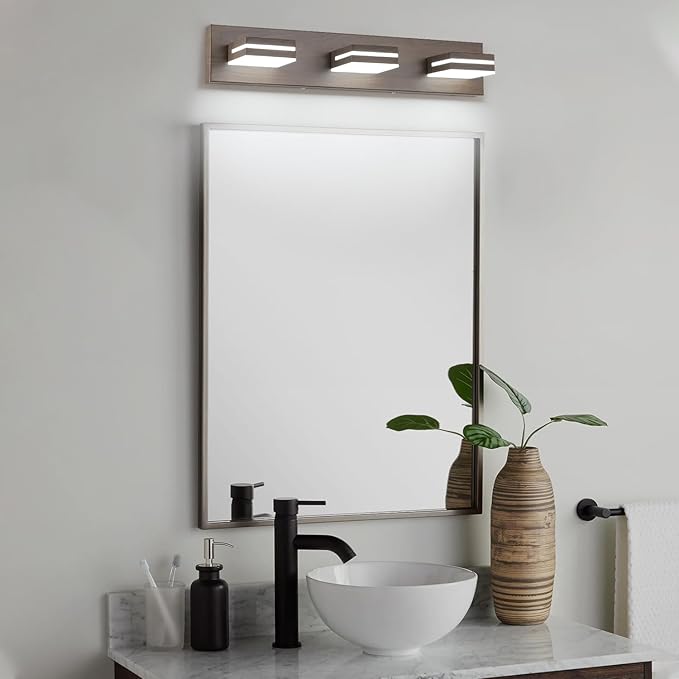 SineRise LED Modern Bathroom Vanity Light Fixtures (3-Light, 24-Inch, Dimmable), Brown Wood Painted Modern Acrylic Bathroom Wall Lighting Fixtures Over Mirror (Cool White 6000K)