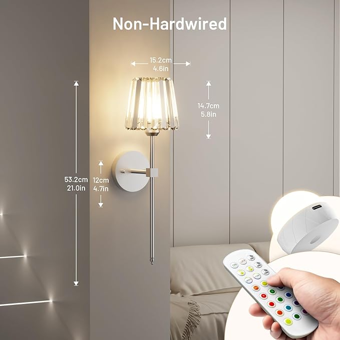 Crystal Battery Operated Wall Sconces Set of 2, Chrome Rechargeable Wireless Wall Lights with Crystal Lampshade, 12 RGB and 3CCT Dimmable Wall Lamps with Remote for Bedroom Living Room Hallway
