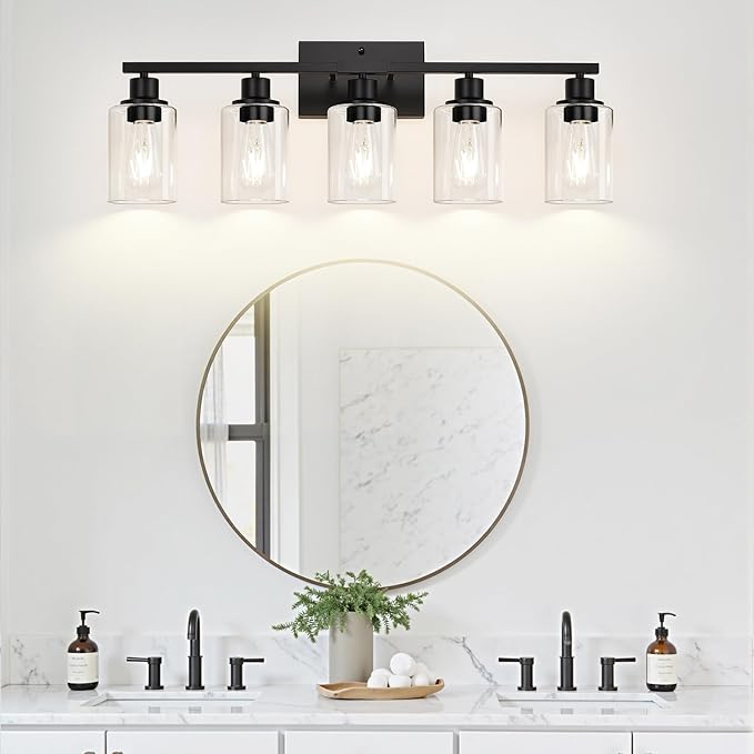 Indoi 5-Light Bathroom Light Fixtures, Matte Black Modern Vanity Lights with Clear Glass Shades, Bathroom Vanity Light for Mirror Living Room Cabinet Bedroom Porch