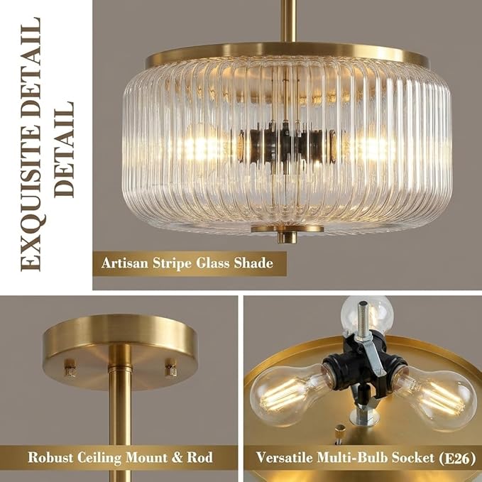 3-Light Gold Semi Flush Mount Ceiling Light, 11.8" Modern Hallway Light Fixtures Ceiling Mount with Ribbed Clear Glass Shade, Bright Close to Ceiling Lamp for Bedroom/Kitchen/Entryway/Dining Room