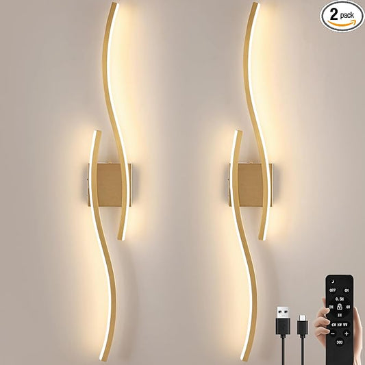 Modern LED Wall Sconce Set of Two, Dimmable Battery Powered Wall Sconces, 3000K-6500K Wireless Wall Light, Rechargeable Wall Lamp Indoor not Hardwired for Room Bedroom Corridor, 39.3in(Gold)
