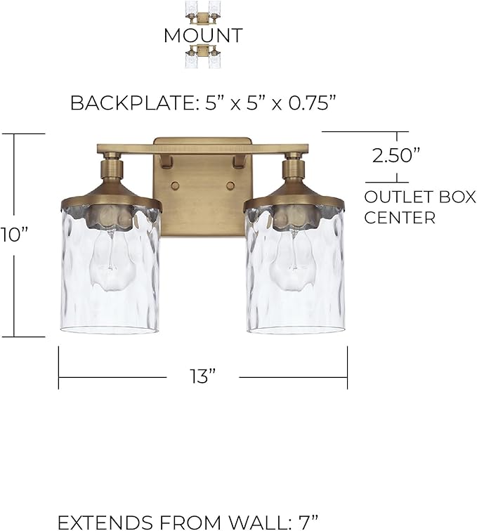 HomePlace Lighting 128821AD-451 Colton Mid-Century Clear Water Glass Bathroom Vanity Wall Light, 2-Light 200 Total Watts, 10" H x 13" W, Aged Brass