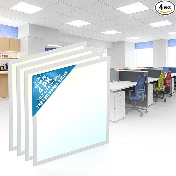 2x2 LED Flat Panel Light Drop Ceiling Office Fixture,5 CCT 3000K-6500K Adjustable & 5 Wattage Selectable, 0-10V Dimmable, 2X2 LED Flush Mount Ceiling Light,ETL Listed 4 Pack