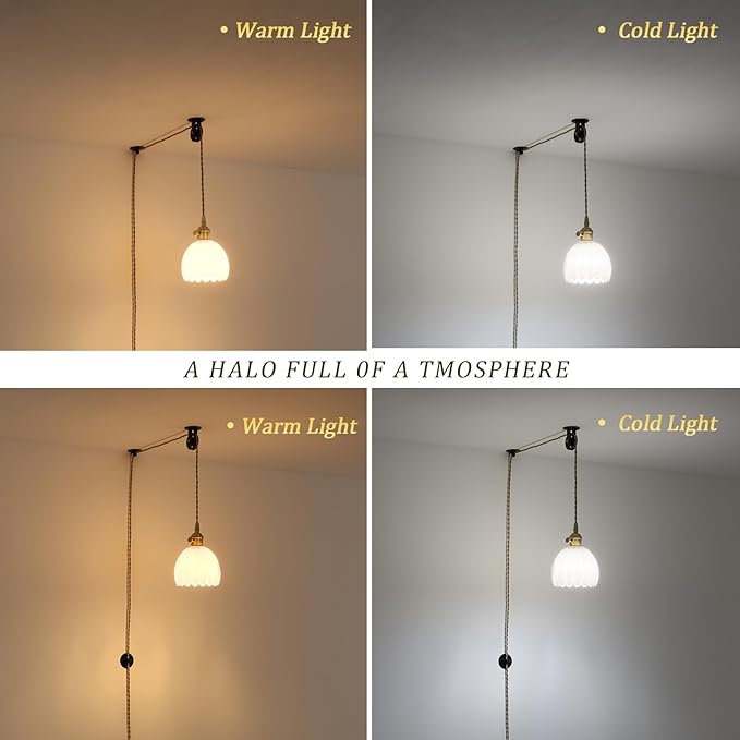 Shenmoyl Plug in Pendant Light Hanging Light Fixture Corded On/Off Switch Brass Pendant Light with White Tulip Glass Lampshade for Bedroom Living Room Kitchen Island