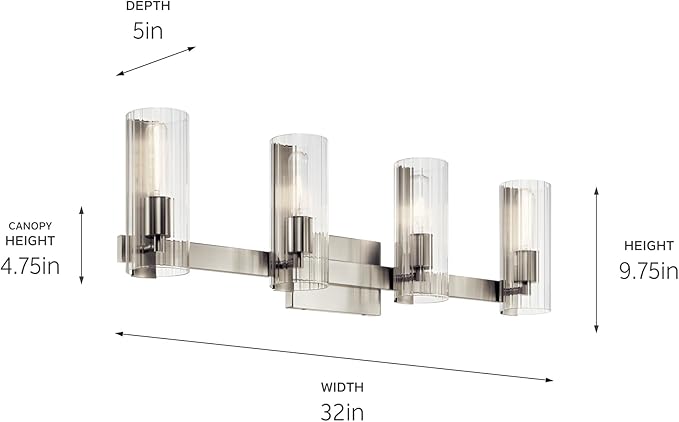 Kichler Jemsa 4-Light Bathroom Vanity Light Fixture with Clear Fluted Glass in Brushed Nickel, Modern Wall Mount Light for Bathroom or Powder Room (9.75" x 32"), 55169NI