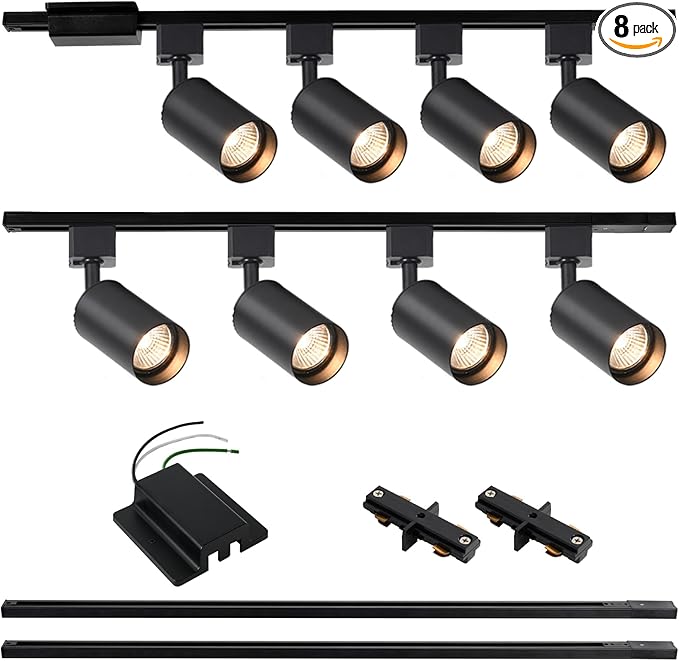 8-Light LED Track Lighting Kit with 6.6FT H Track Lighting Rails & Floating Canopy Connector, GU10 Track Light Kit, Modern Kitchen Track Lighting Fixtures Ceiling Spot Light, Black (No Bulbs)