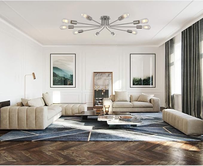 10 Light Sputnik Chandelier Brushed Nickel Ceiling Light Semi Flush Mount Light Ceiling Lamp for Kitchen Dining Room Living Room Foyer
