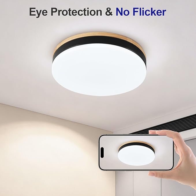 Dimmable Wood LED Flush Mount Ceiling Light with Remote, 24W 3CCT 3000K-6500K Adjustable Close to Ceiling Light Fixture, 11.8inch Black Round Ceiling Lamp for Kitchen, Bedroom, Living Room
