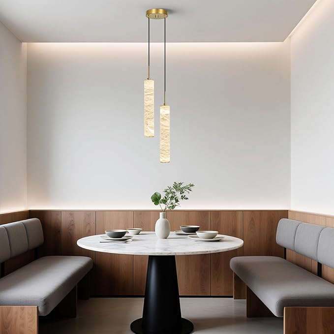 LMQNINE Natural Alabaster Pendant Lights for Kitchen Island White Marble Long Tube Chandelier 4000K Modern Gold Ceiling Light Fixtures for Bedroom Dining Room Table Living Room Hallway(M-2Light)