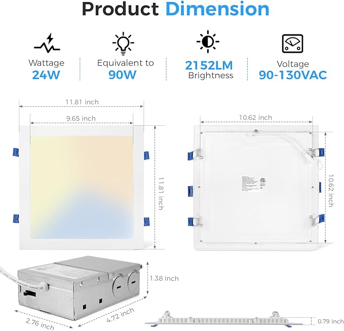 HONZIN 1 Pack 12 Inch Square Recessed Lighting, 5CCT Ultra-Thin LED Downlight, 2700K/3000K/3500K/4000K/5000K Selectable, Dimmable, 24W, IC Rated Canless Ceiling Lights with Junction Box, White Trim