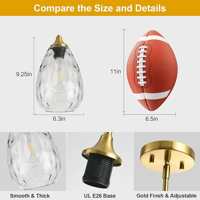 Glass Pendant Lights Kitchen Island, 6.3in Small Modern Gold Pendant Light Fixtures with Hammered Clear Glass, Hanging Lighting for Kitchen Over Sink Dining Room Bedroom