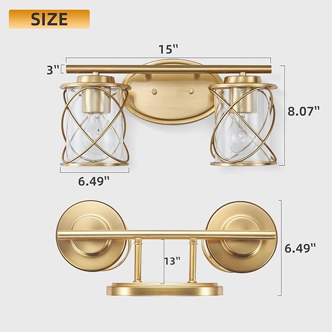 mavcadonf 2-Light UL Certified Brushed Gold Vanity Light, Metal Cage Shade Wall Sconce Over Mirror, Modern Farmhouse Light Fixture for Bathroom Kitchen Bedroom Hallway