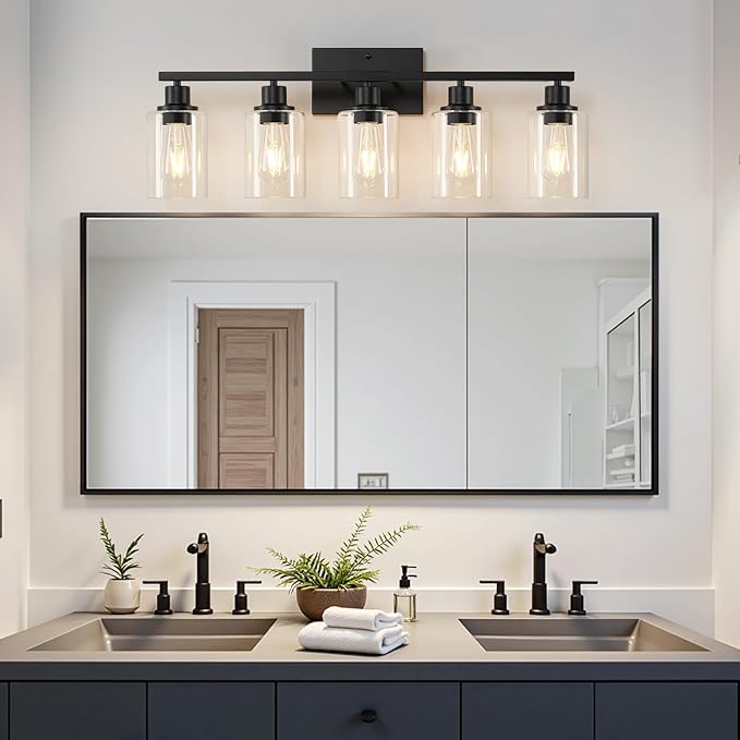 MOKATNG 5-Light Bathroom Light Fixtures, Vanity Light with Clear Glass Shades, Matte Black Bathroom Light Fixtures Over Mirror, Modern Bathroom Wall Lamp for Mirror Living Room Cabinet Bedroom