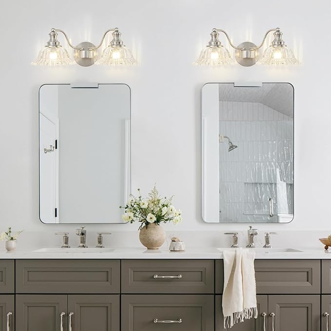 Brushed Nickel Bathroom Light Fixtures Over Mirror, 2 Light Vintage Bathroom Vanity Light Fixture with Clear Flower Glass Shades, Retro Vanity Lights for Bathroom, Bathroom Vanity Lights Over Mirror