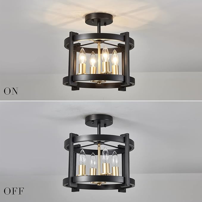 MEIXISUE 4-Light Semi Ceiling Light Flush Mount BK+GD Farmhouse Rustic Vintage Antique Ceiling Light Fixture for Hallway Entryway Gazebo Kitchen Dining Room Bedroom UL Listed