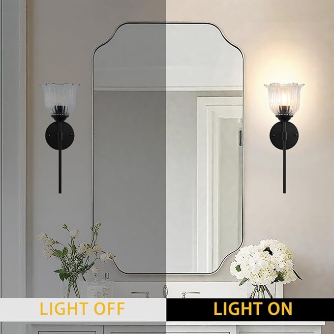 Black Wall Sconces 1-Light, Modern Wall Sconce with Clear Glass Flower Shade, Hardwired Wall Mount Light Fixtures for Living Room Bathroom, Bedroom, Hallway