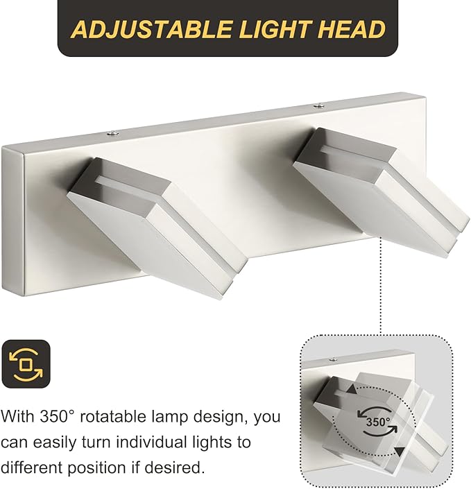 OKELI 2 Light Bathroom Vanity Light Brushed Nickel Modern 16W LED Dimmable Vanity Light Over Mirror 350° Adjustable Lamp Head Cold White 6000K ETL Listed 15.5Inch
