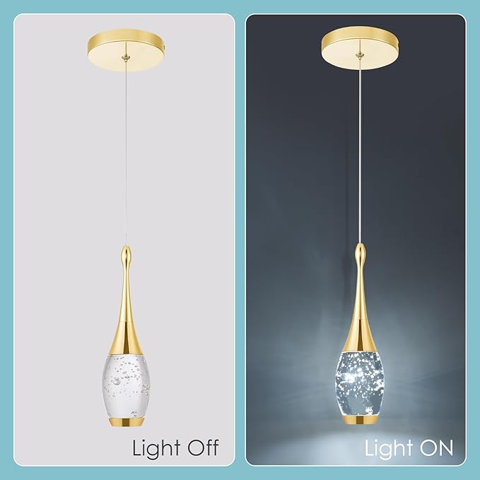 CHYING LED Pendant Light Kitchen Island Bubble Crystal Pendant Lighting Gold Mini Hanging Light Fixture for Dining Room Bathroom Bedroom Bar 6000K