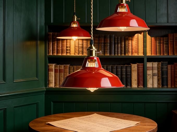 CLAXY Industrial Modern Pendant Light Kitchen Island Red Metal Barn Hanging Light Fixture Height Adjustable E26 Based Light for Kitchen, Loft, Dining, Foyer, Cafe, Bar