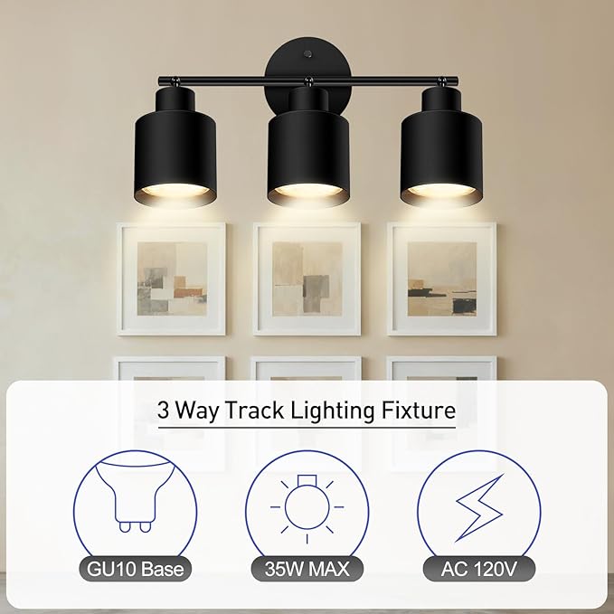 BoostArea 3-Light Led Track Lighting,Black Ceiling Lighting Fixtures,Wall Sconces Ceiling Spotlight with Foldable Light Arms for Kitchen, Closet, Bedroom,GU10 Socket, Bulbs Not Included