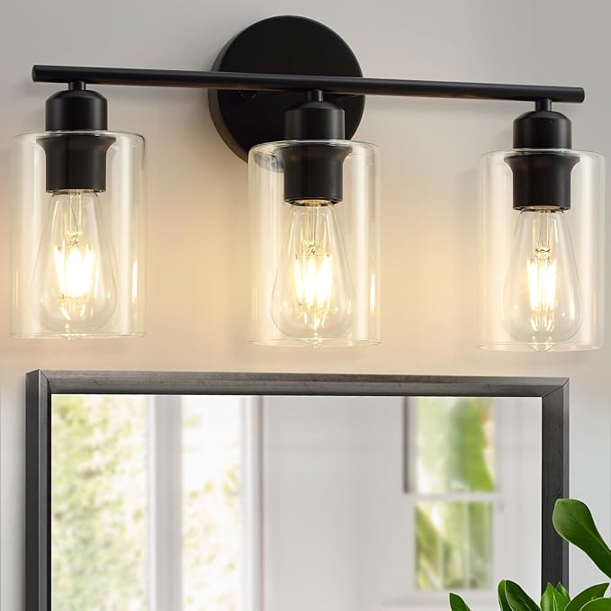 3 Light Bathroom Vanity Light, Black Vanity Lights for Bathroom, Modern Light Fixtures Over Mirror with Clear Glass Shade, Wall Sconce Lighting for Bedroom Living Room Hallway