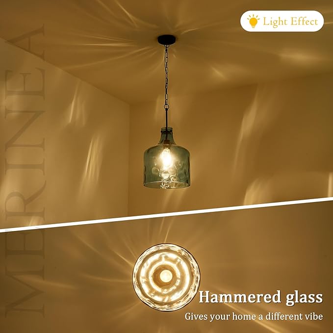 Farmhouse Pendant Light – Hand-Blown Blue Hammered Glass Shade, Black Finish, E26 Socket, Adjustable Chain Hanging Light Fixture for Kitchen Island, Dining Room & Hallway, 15" H x 12" D
