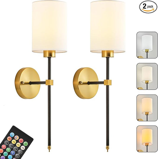 Battery Operated Wall Sconce Set of Two, Wireless Rechargeable Wall Light With Remote Control, Dimmable, 4 Color Temperatures, RGB, Timer, for Living Room,Bedroom,Entryway, Black Gold, 26.8 Inch