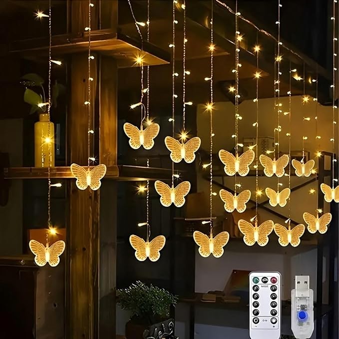 Lainin 12ft/3.5M USB Powered 8 Modes Butterfly Curtain Night Light Strip Icicle Fairy String Light, Perfect for Room Garden Wall Christmas Wedding Indoor/Outdoor Party Decoration - Warm White