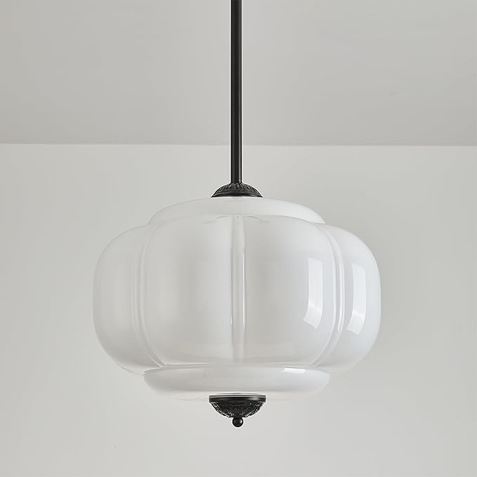 Milk Glass Ceiling Light Fixture, 15" Vintage Scallop Semi Flush Mount Pendant Light, Schoolhouse Light Fixture - Antique Chandelier for Kitchen, Hallway, Dining Room, White/Black