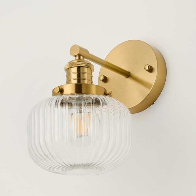 TERLEENART Hard Wired Vintage Wall Sconce with Clear Ribbed Glass Shade,Indoor 1-Light Wall Mounted Lamp for Bedroom Living Room Bathroom Hallway