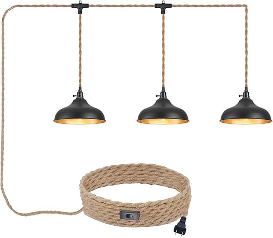 3 Light Plug in Pendant Lights Dome Hanging Lamp with Switch 22 Ft Long Hemp Rope Farmhouse Pndant Light Cord Lighting Fixture DIY Hanging Light
