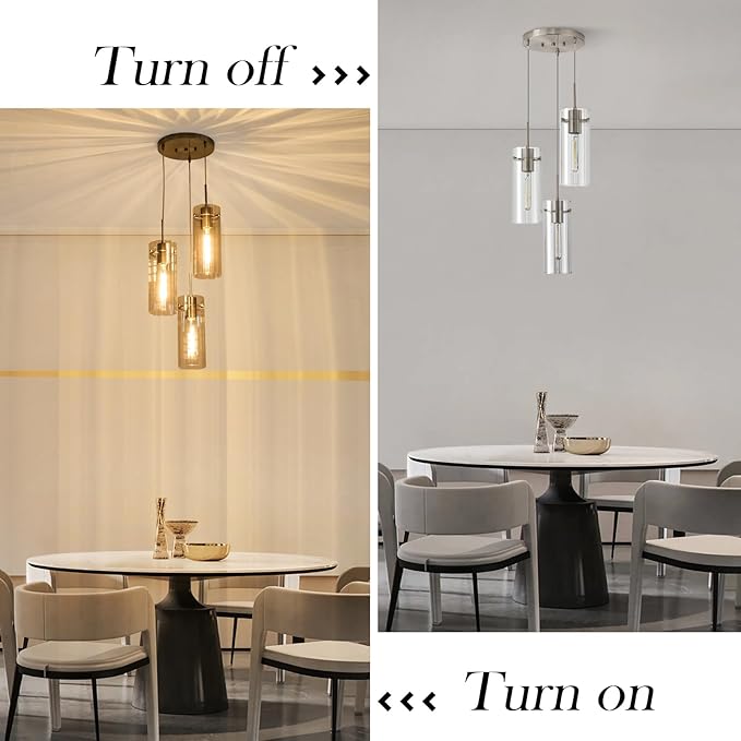 Modern Cluster Pendant Lights, Brushed Nickel Cluster Chandelier with Clear Ribbed Glass, 3 Light Pendant Lighting for Kitchen Island, Staircase, Dining Room, Living Room