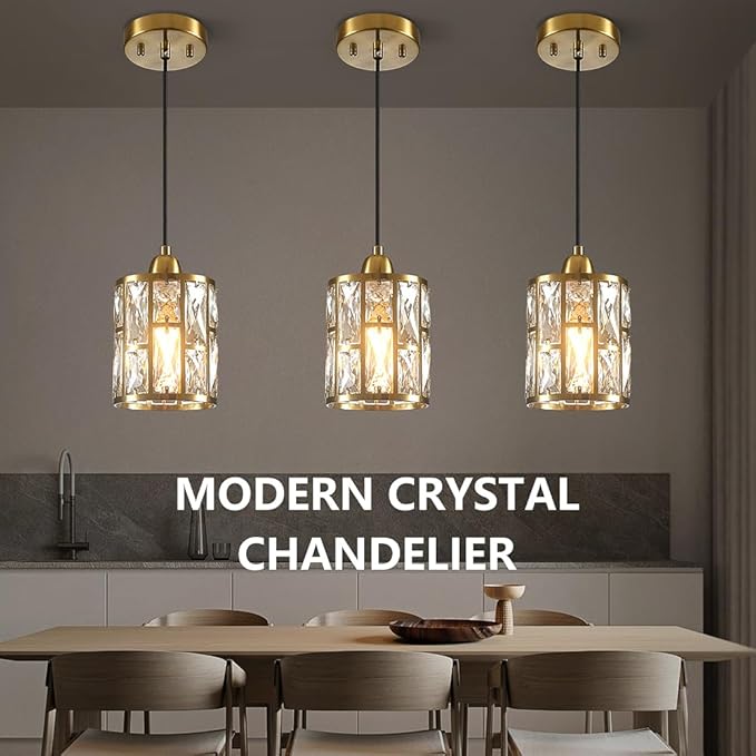 Gold 3 Pack Kitchen Pendant Lighting Over Island Modern Crystal Glass Shade Adjustable Hanging Fixture for Dining Hallway Bedroom Matte