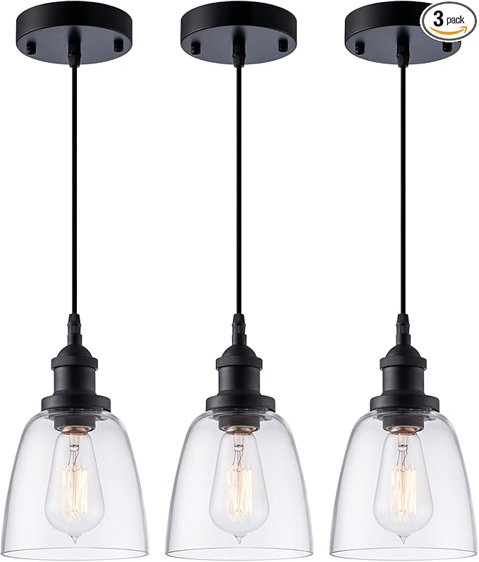 Industrial Mini Pendant Light Fixture Modern Clear Glass Adjustable Cord for Kitchen Island Dining Room Sink, Black, 3 Packs